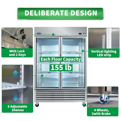 Commercial Display Refrigerator Swing Glass Door Stainless Steel with LED Lighting