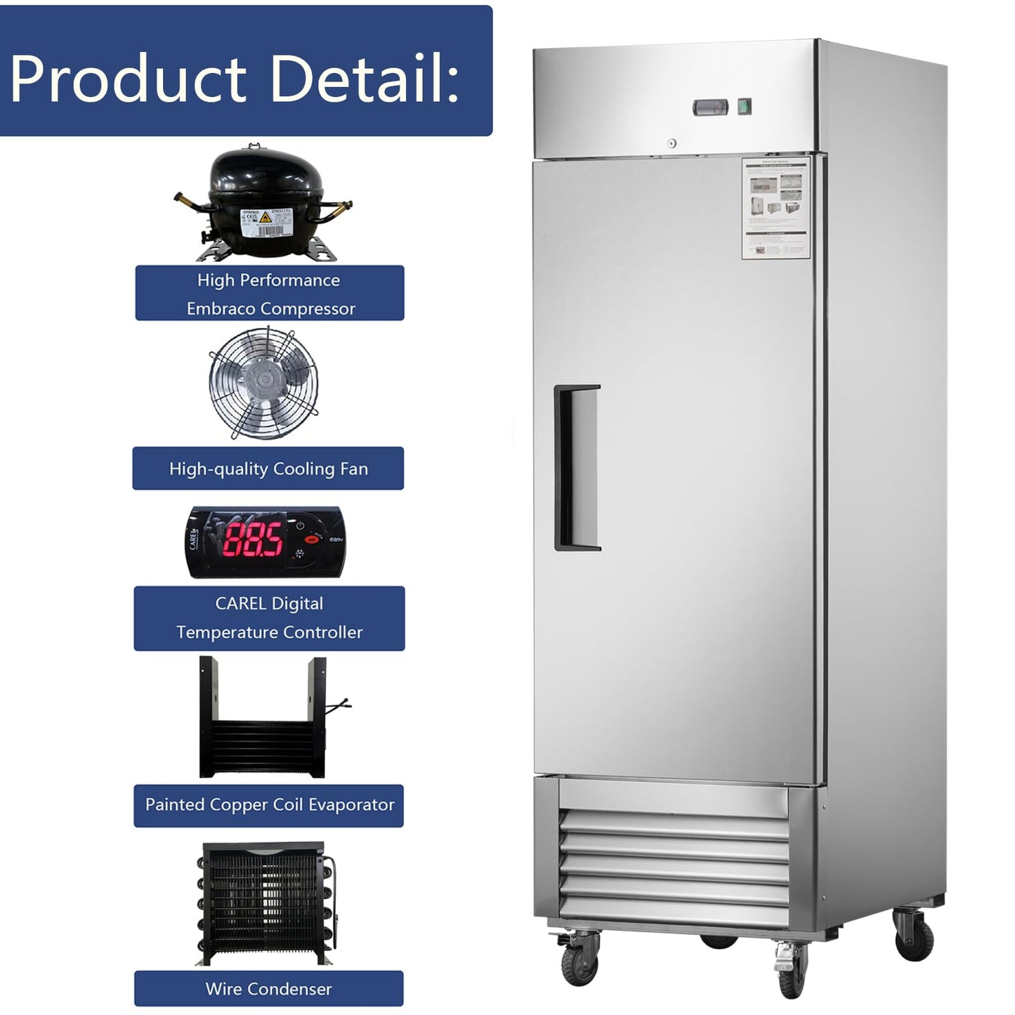 Camellia River 27" W Commercial Refrigerator Single Solid Door Stainless Steel Interior and Exterior Construction Reach-in Refrigerator 18.68 Cu.ft Upright Fan Cooling for Restaurants