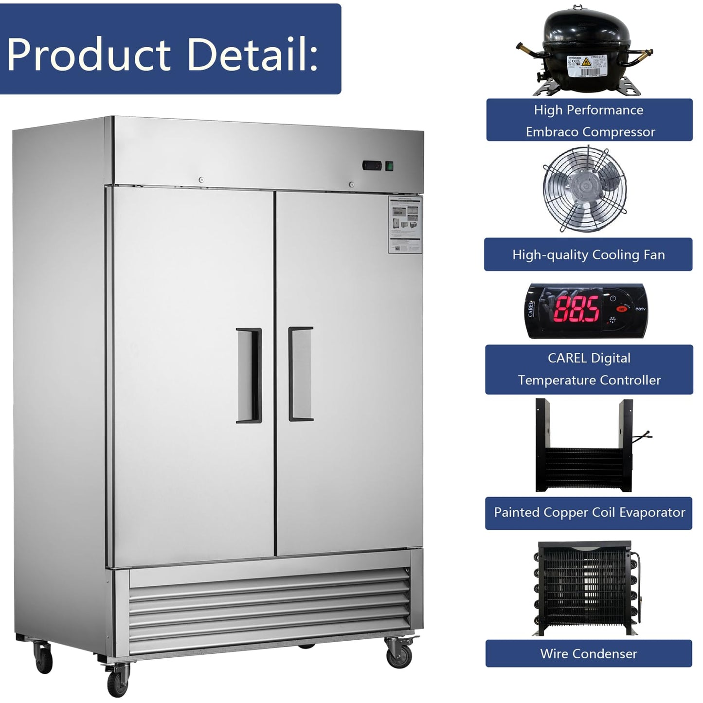 Camellia River 54" W Commercial Refrigerator 2 Section 2 Solid Door Stainless Steel Interior and Exterior Construction Reach-in Refrigerator 42.2 Cu.ft. Upright Fan Cooling for Restaurants