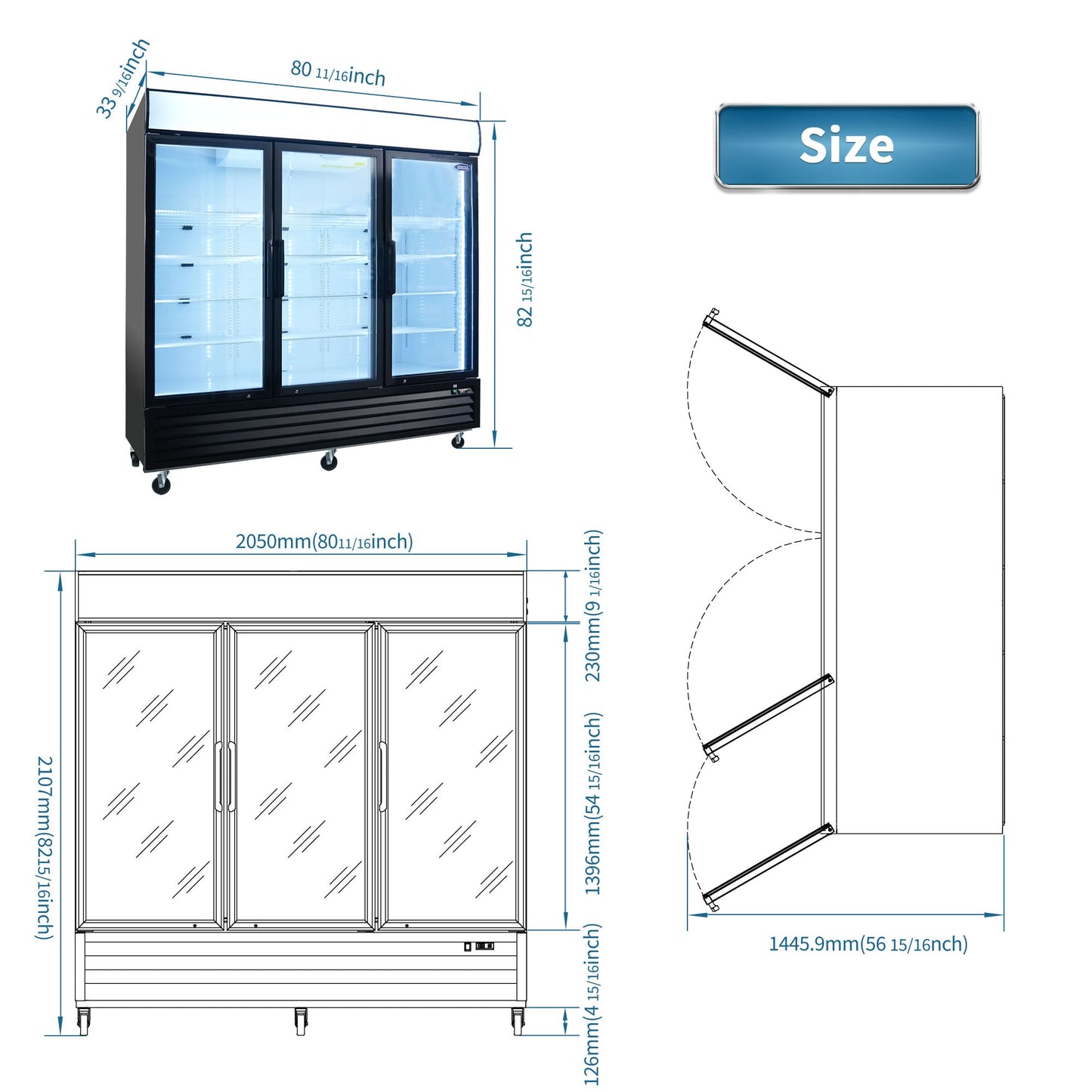 Camellia River 80" Glass Door Merchandiser Refrigerator 70 Cu.ft Swing Door with LED Top Panel