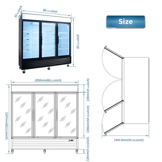 Camellia River 80" Glass Door Merchandiser Refrigerator 70 Cu.ft Swing Door with LED Top Panel
