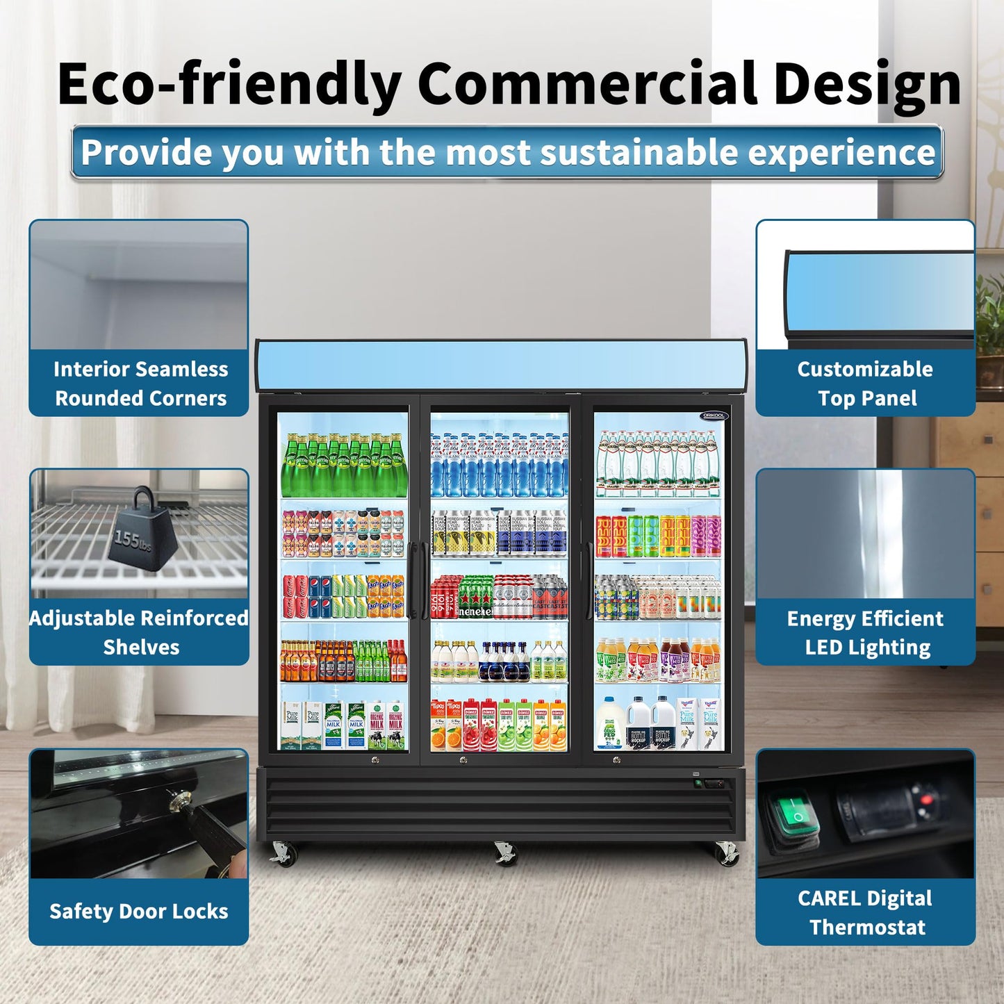 Camellia River 80" Glass Door Merchandiser Refrigerator 70 Cu.ft Swing Door with LED Top Panel