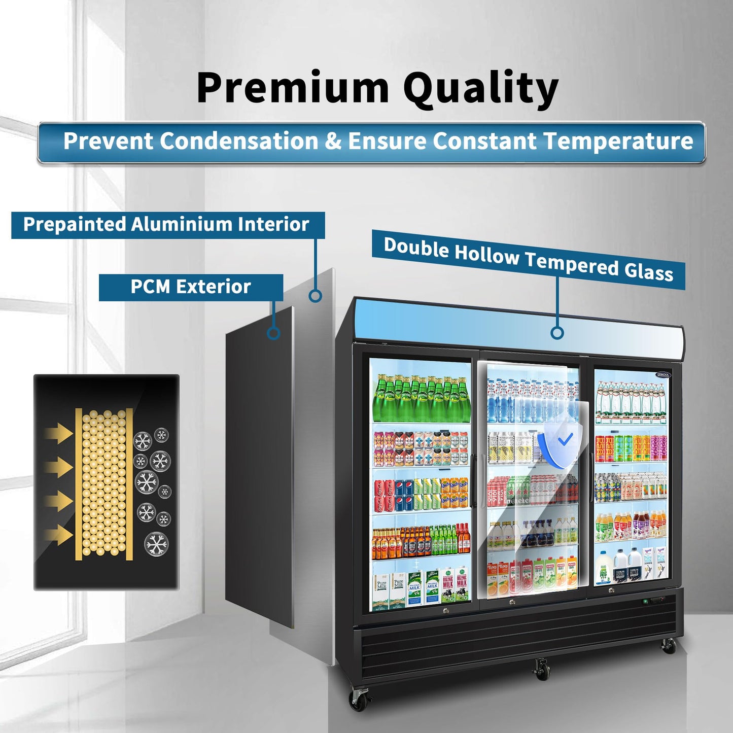 Camellia River 80" Glass Door Merchandiser Refrigerator 70 Cu.ft Swing Door with LED Top Panel