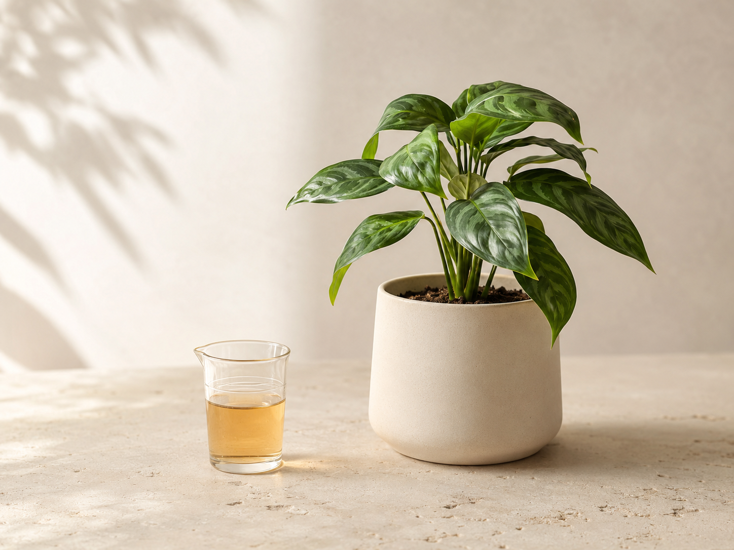 Healthy potted plant and focused plant care